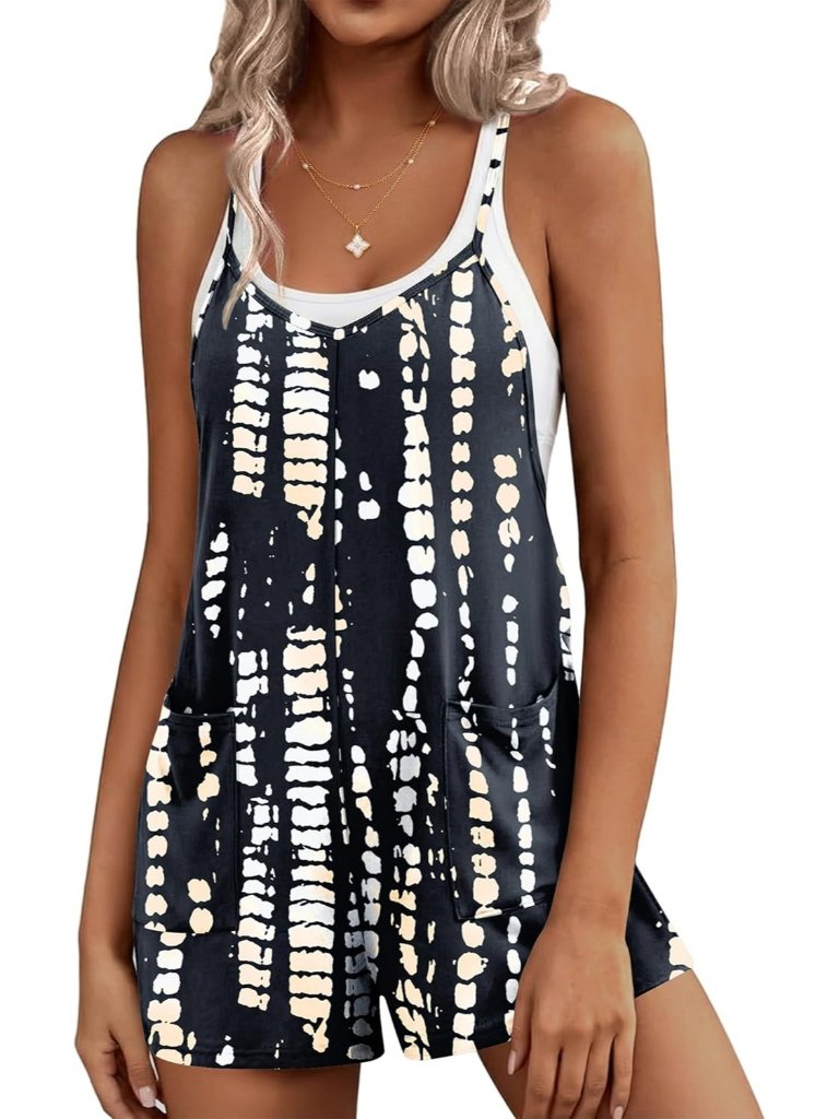 Women's Black White Casual Sleeveless Short Overall Boho Spaghetti Strap Romper